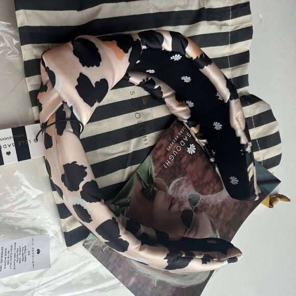 Lele Sadoughi Leopard Silk Knotted Headband Gold Logo NWT main image 4